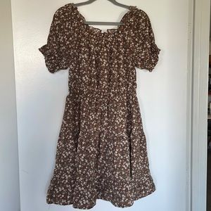 Brown Floral Swing Dress, Bow Tie Back Size Large